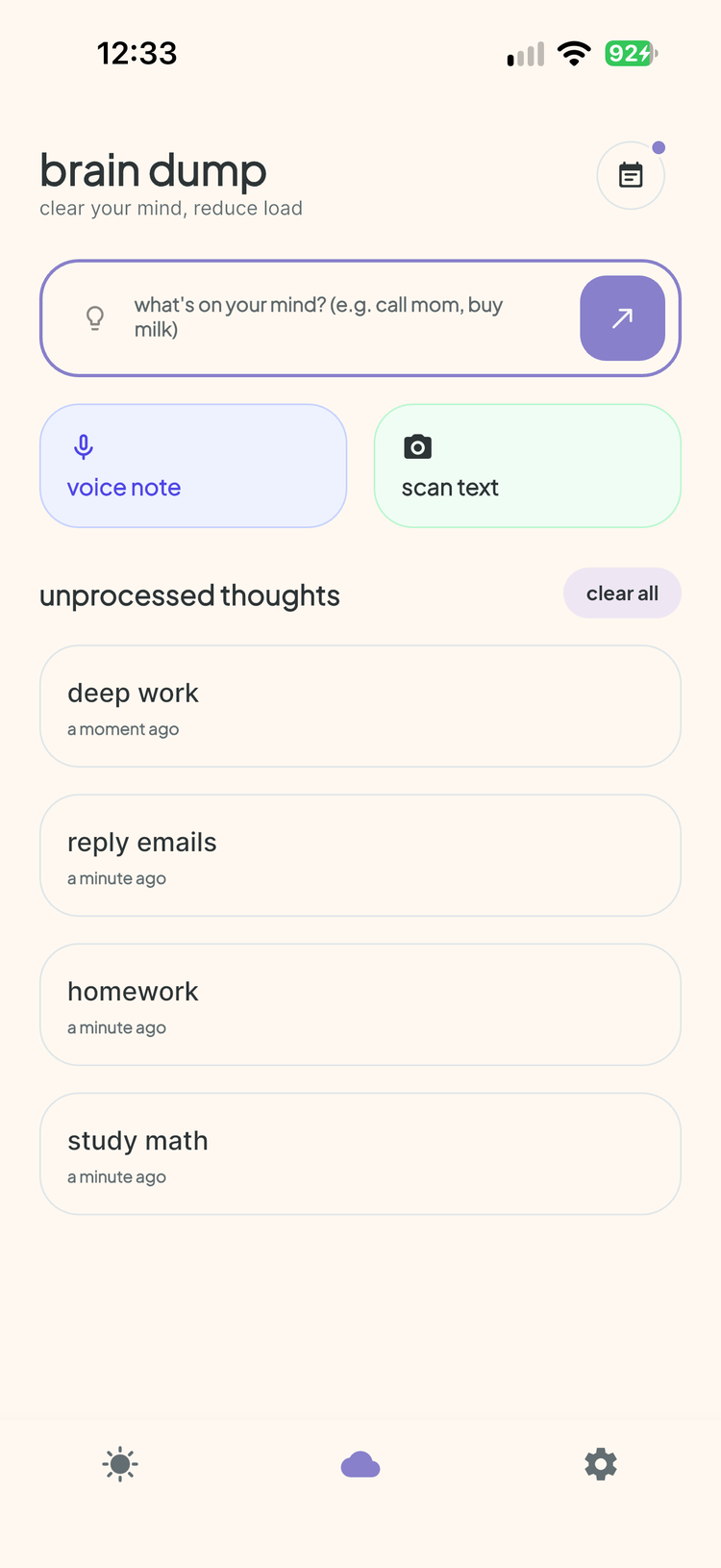 vitaflow brain dump screen holding unprocessed thoughts