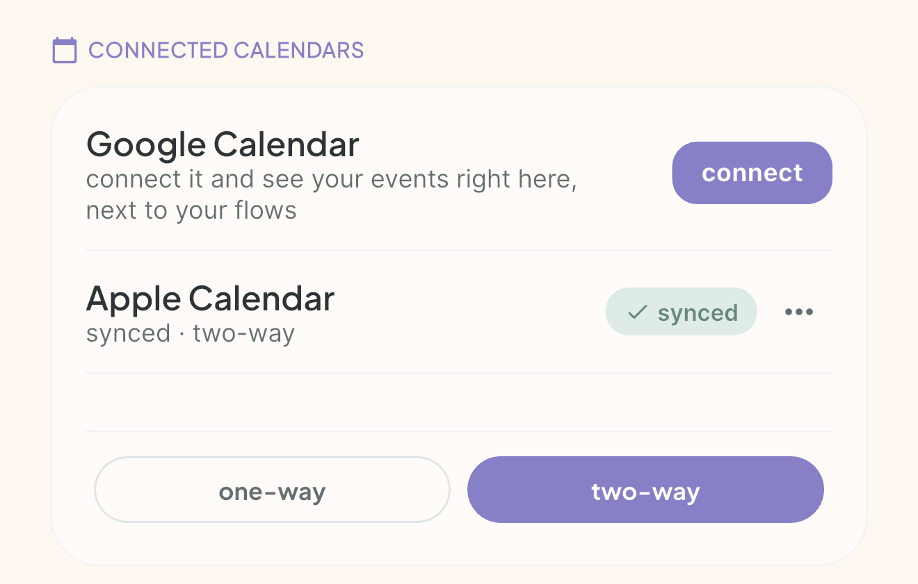 vitaflow connected calendars: Google Calendar and Apple Calendar with one-way and two-way sync