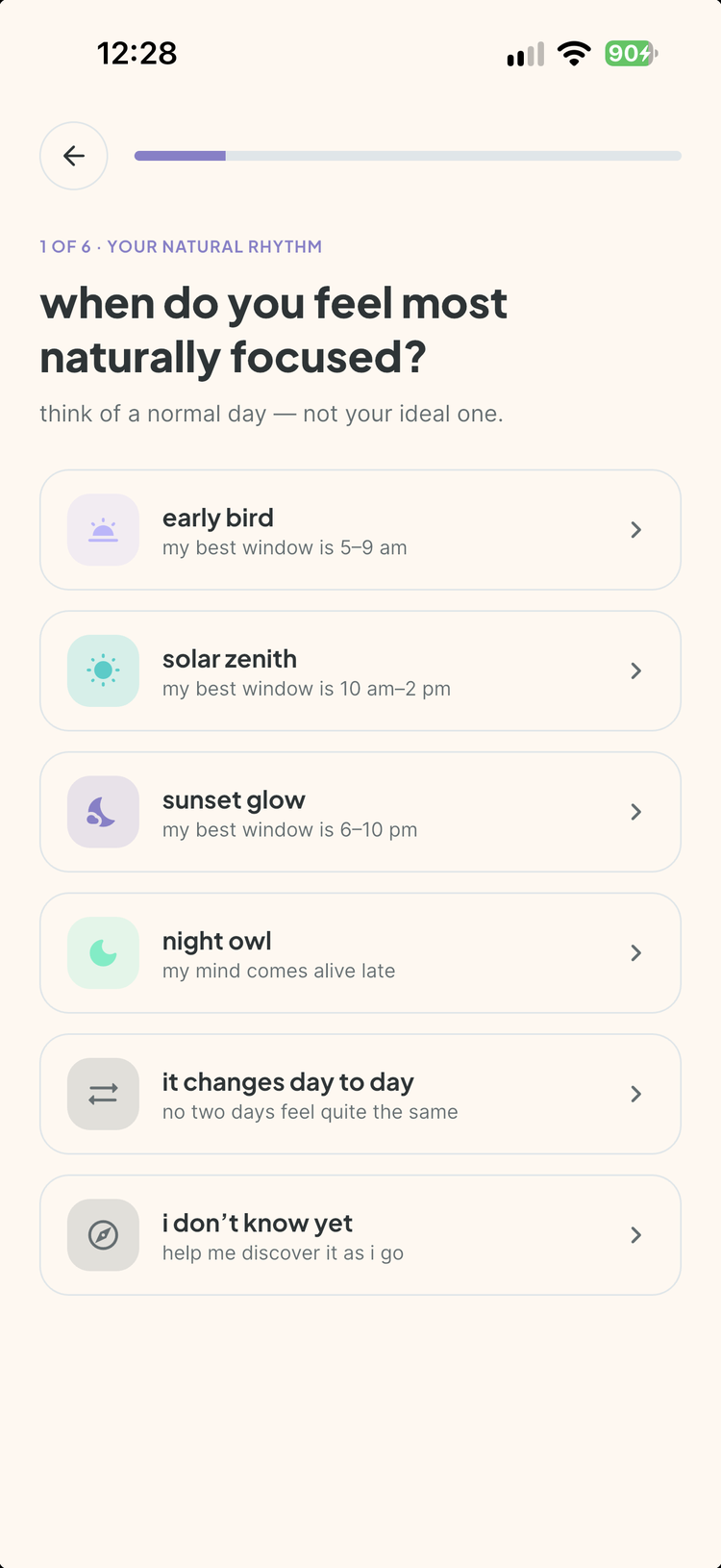 vitaflow onboarding asking when you feel most naturally focused