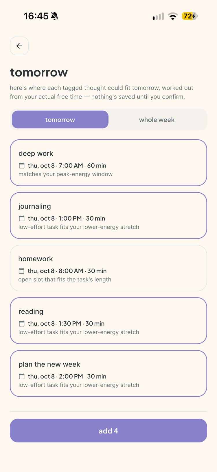 vitaflow plan for tomorrow placing each task in an energy-matched slot with a reason