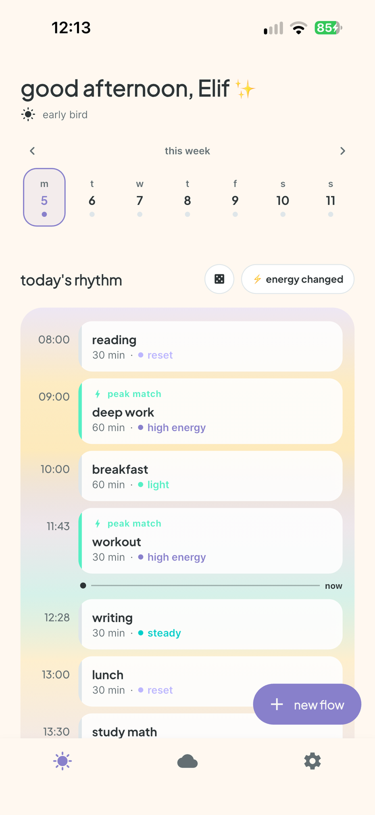 vitaflow today's rhythm screen showing an energy-shaped daily plan