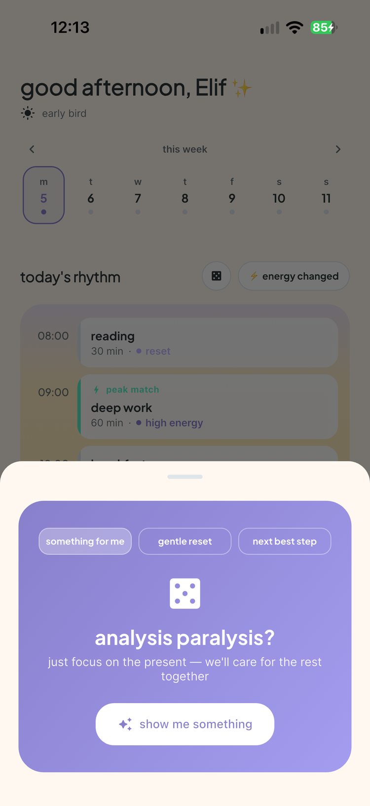 vitaflow vita-dice with something for me, gentle reset, and next best step