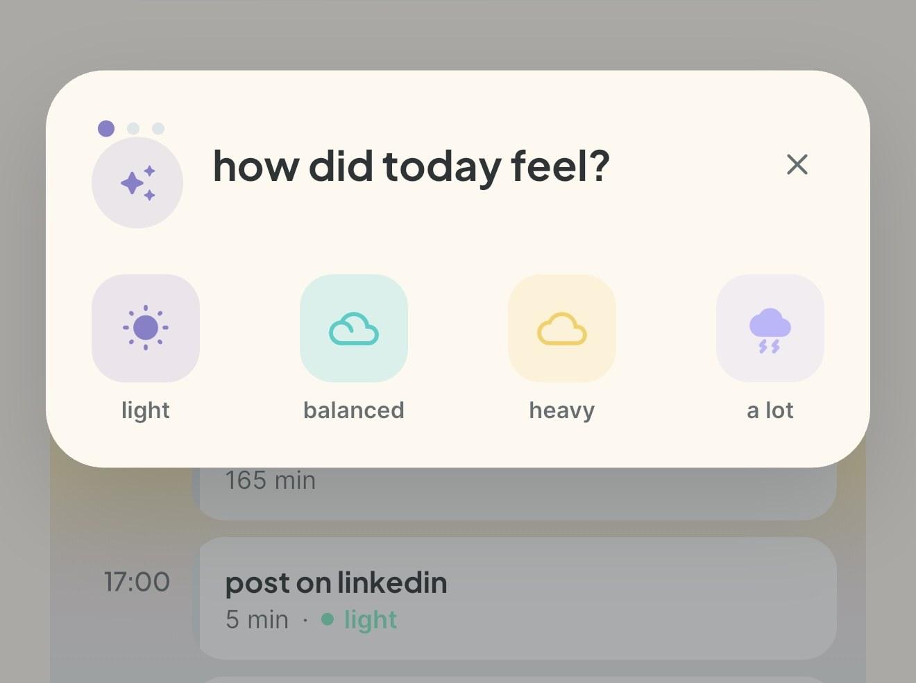 vitaflow evening wind-down asking how today felt: light, balanced, heavy, or a lot
