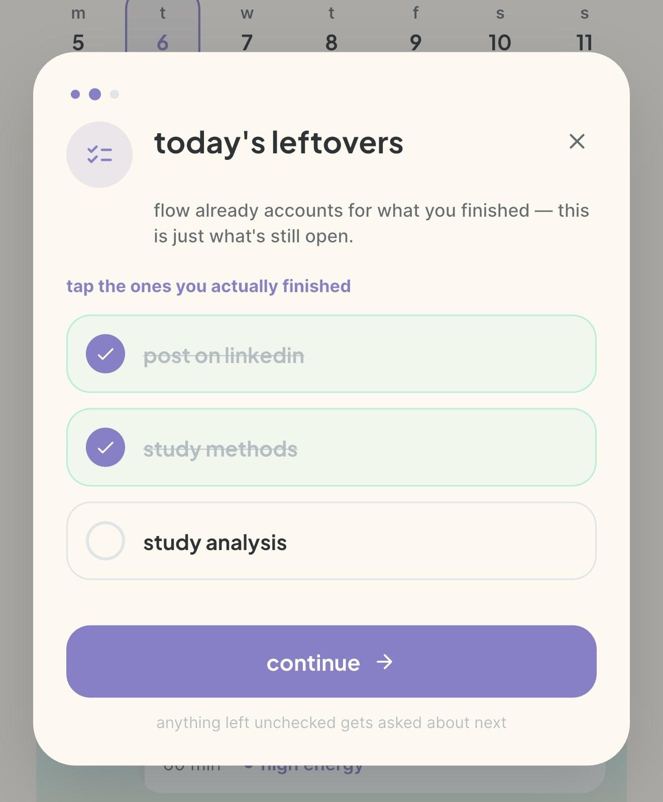 vitaflow wind-down listing today's leftovers to tick off what you actually finished
